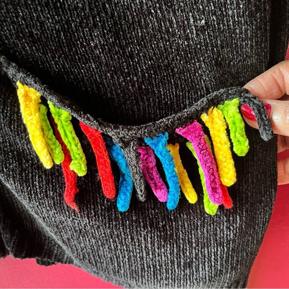 Victoria Harbour Sweater Jacket Full Zip Up Black with Colorful Fringe - Picture 3 of 9